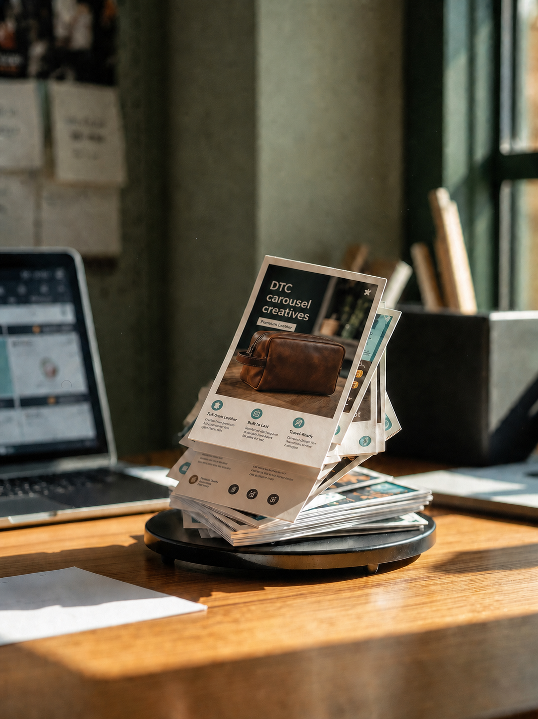 Carousel advertentie kaarten op een bureau